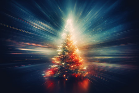 Christmas tree in light painting technique, motion blur. Modern greeting card.の素材