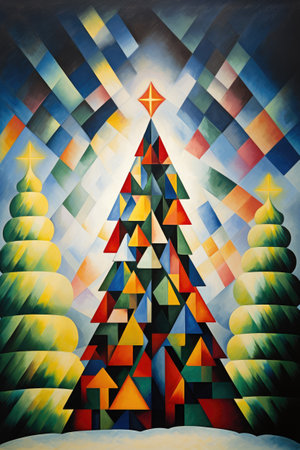 Retro Christmas tree full of colors, vintage style greeting card.の素材