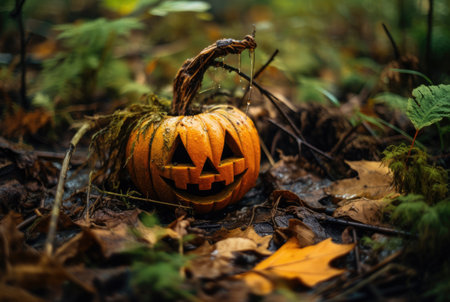 Halloween pumpkin in autumn gloomy forest.の素材