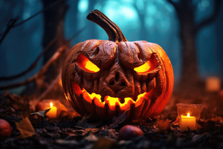 Halloween glowing pumpkin in autumn gloomy forest at night.の素材