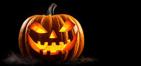 Halloween glowing pumpkin on black. Jack o lanternの素材