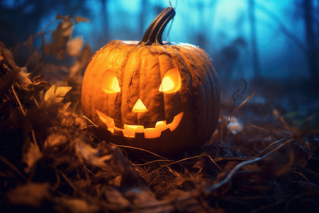 Halloween glowing pumpkin in autumn gloomy forest at night.の素材