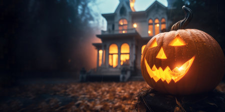 Halloween pumpkin and haunted house, foggy autumn backyard.の素材