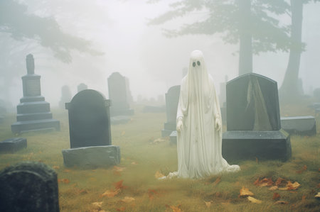 Ghost in foggy graveyard. Haunted cemetery on Halloweenの素材