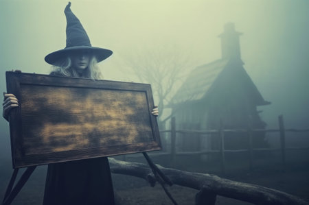 Witch showing empty wooden board banner.の素材