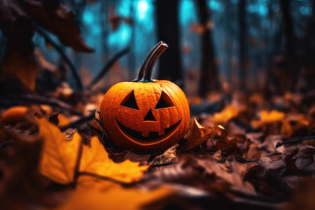 Halloween pumpkin in autumn gloomy forest.の素材