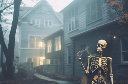 Halloween skeleton and old haunted house.の素材