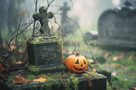 Halloween pumpkin on old graveyard, foggy gothic cemetery.の素材