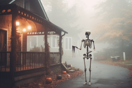 Halloween skeleton showing old haunted house.の素材