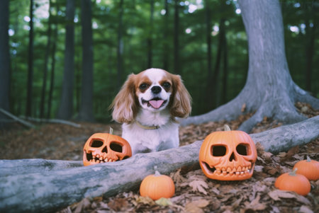 Cute dog with halloween pumpkins in the forest.の素材