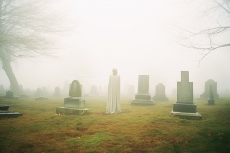 Ghost in foggy graveyard. Haunted cemetery on Halloweenの素材