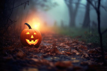 Halloween glowing pumpkin in autumn gloomy forest at night.の素材