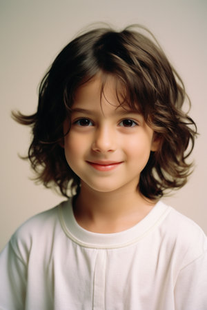Young boy in white t-shirt portrait, a child smiling.の素材