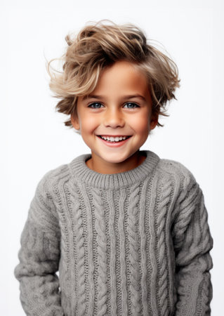 Young boy, a happy child smiling isolated on white.の素材
