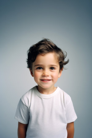 Young boy in white t-shirt portrait, a child smiling.の素材
