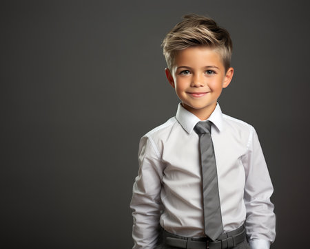 Young boy smiling in business outfit looking like businessman.の素材