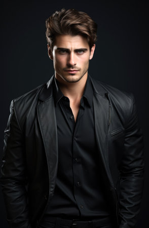 Mysterious handsome young man in black suit.の素材
