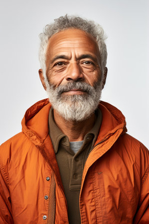 Senior african-american casual man portrait isolated on white. wearing anorak jacket.の素材