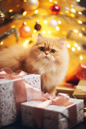 Cute cat with gifts and presents on Christmas glittering lights.の素材