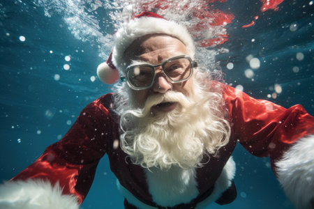Santa Claus diving and swimming underwater. Santa on vacations, holidays.の素材