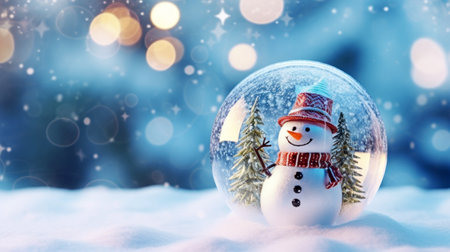 Christmas glass ball on snow with snowman inside. Winter scenery.の素材