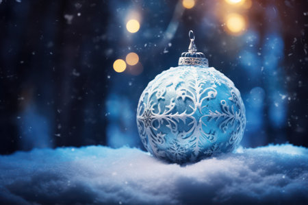 Christmas bauble in snow on winter scenery.の素材