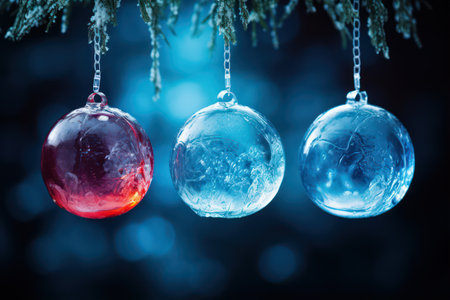 Frosted Christmas baubles, icy glass balls.の素材