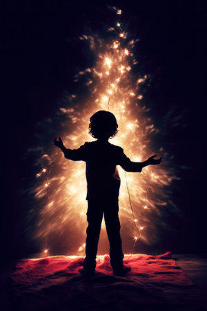 Child silhouette on Christmas tree lights.の素材