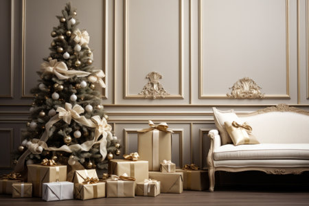 Christmas tree with gifts and presents in elegant classical room.の素材