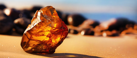 Amber on sand on the beach in sunshine.の素材