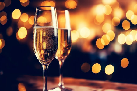 New year party champagne glass with bokeh banner copy space.の素材