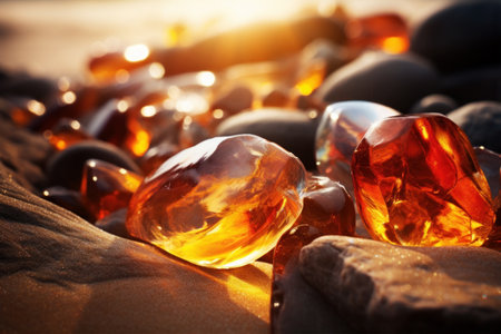 Amber on sand on the beach in sunshine.の素材