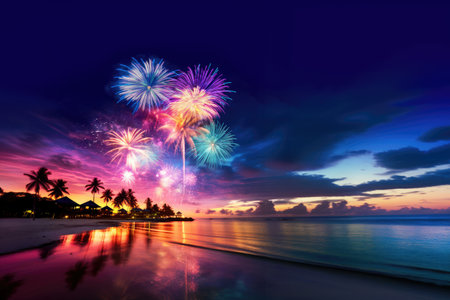 Fireworks show on tropical beach. The New Year celebration.の素材