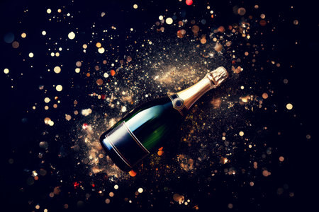 Bottle of champagne with confetti and glitter for a new year party. Flat lay, view from the top.の素材