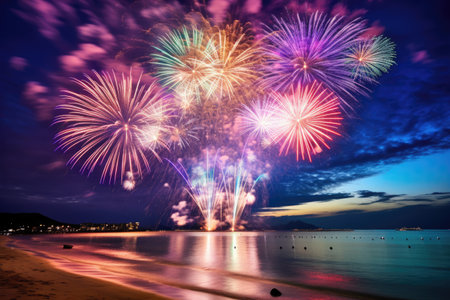 Fireworks show on tropical beach. The New Year celebration.の素材
