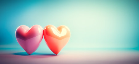 Banner with two little glossy hearts. Greeting card with copy-space for Valentine's Day.の素材
