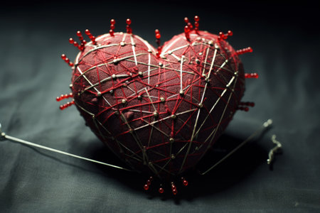Pierced red heart with pins and needles. Heartbreak concept.の素材