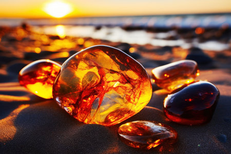 Amber on sand on the beach in sunshine.の素材
