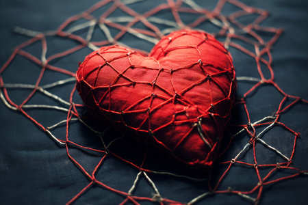 Pierced red heart with pins and needles. Heartbreak concept.の素材