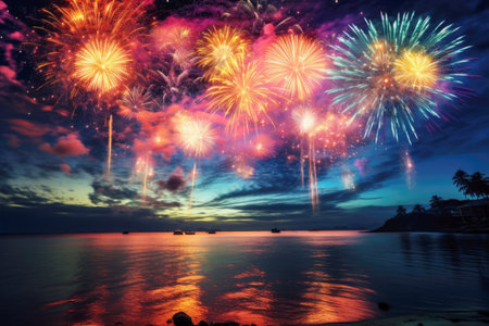 Fireworks show on tropical beach. The New Year celebration.の素材