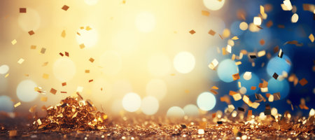 Glittering confetti in gold and blue. Panoramic banner background for the New Year and Christmas.の素材