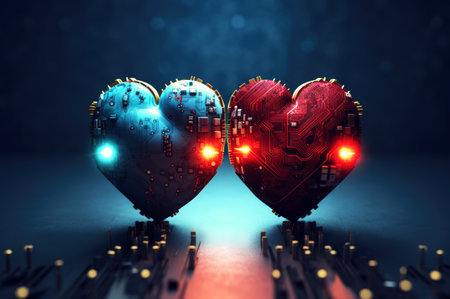 Two hearts connected with circuit board cyber network, love science.の素材
