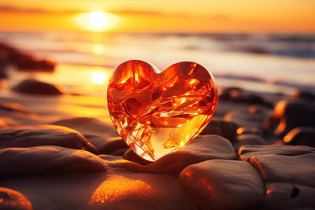 Heart shaped amber on sand on the beach at sunset.の素材