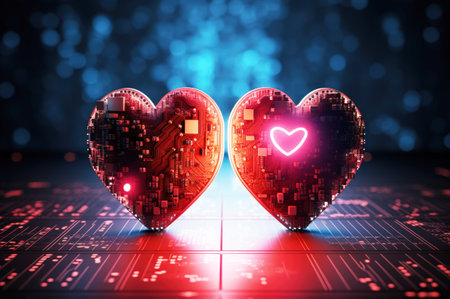 Circuit board cyber network connects two hearts, symbolizing love science.の素材