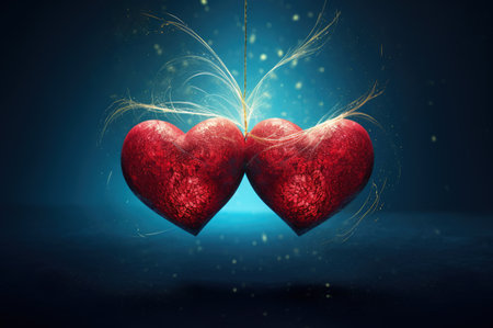 Two red romantic hearts greeting card with bokeh copy-space for Valentine's Day.の素材
