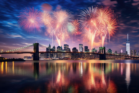 Fireworks show over a big city. Celebrating the New Year.の素材