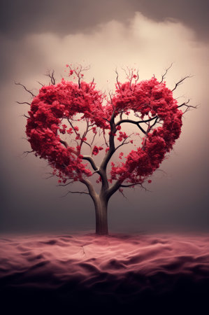 Red heart-shaped tree on a misty landscape. Valentine's Day.の素材