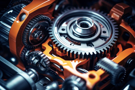 Engine with cogwheels and gears working. Industrial close-up.の素材