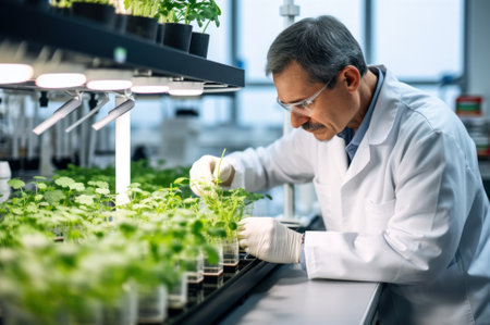 Scientist inspecting plants in modern greenhouse or lab. Microbiology.の素材