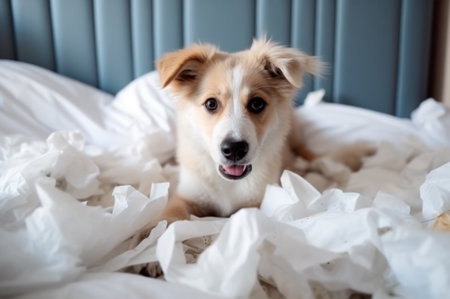 Cute dog lying guilty on bed in mess among torn paper and bed linen.の素材
